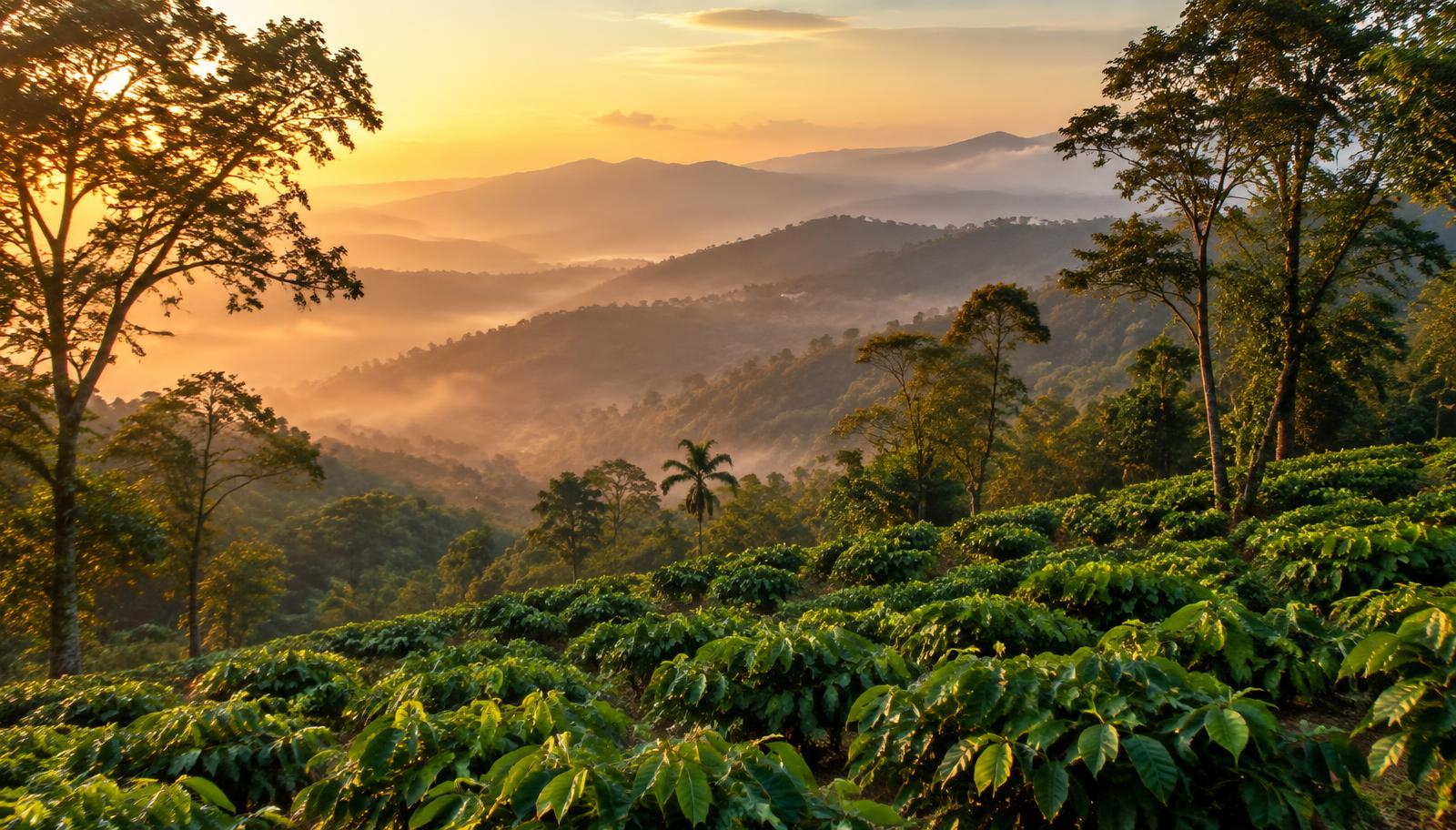 Coffee plantation hills of Chikmagalur at golden hour