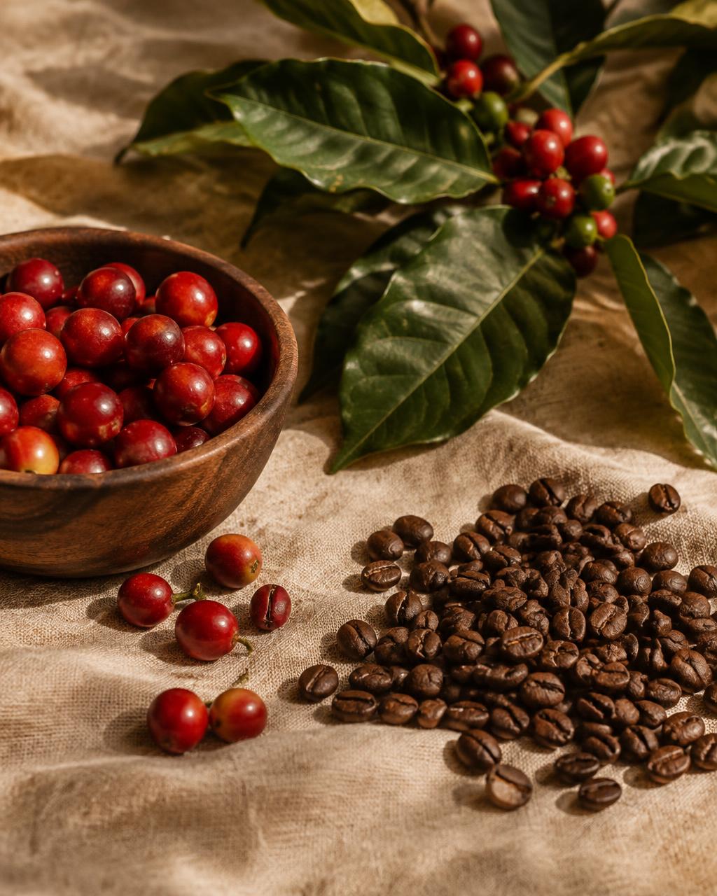 Arabica coffee cherries and roasted beans from Chikmagalur